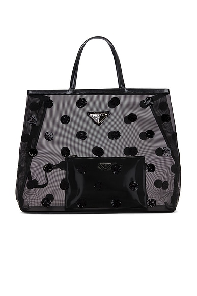 FWRD Renew Prada Mesh Sequin Polka Dot Tote Bag in Black