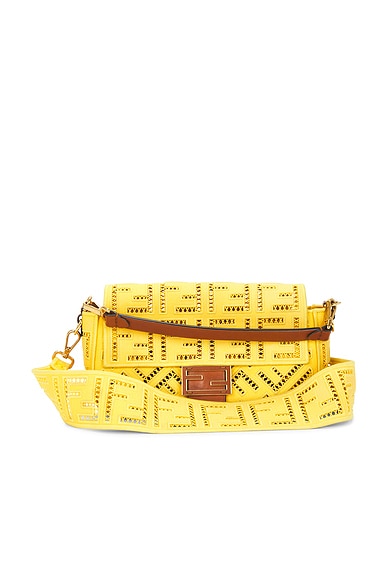 FWRD Renew Fendi FF Openwork Embroidered Baguette NM Shoulder Bag in Yellow