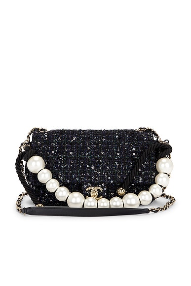 FWRD Renew Chanel Tweed Small Pearl Handle Flap Bag in Navy