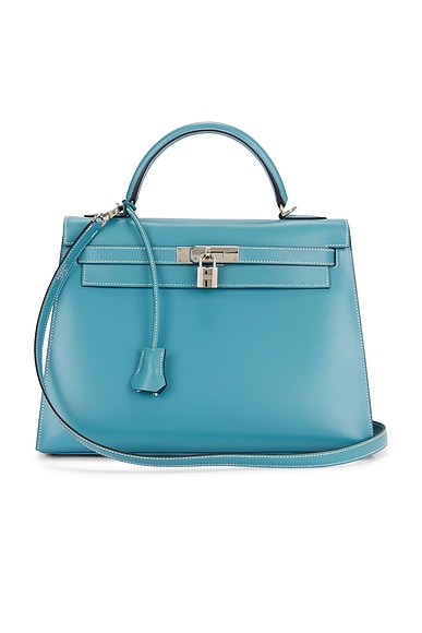 FWRD Renew Hermes Box Kelly 32 Handbag in Bleu Jean