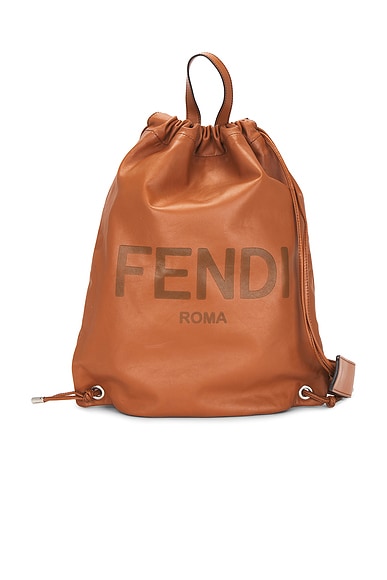 FWRD Renew Fendi Logo Embossed Drawstring Backpack in Brown