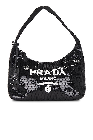 FWRD Renew Prada Re-Edition 2000 Sequined Re-Nylon Mini Shoulder Bag in Black