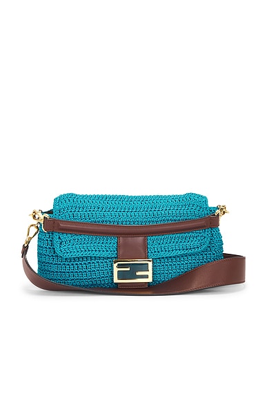 FWRD Renew Fendi Raffia Crochet Baguette Shoulder Bag in Cyber Blue & Ghianda