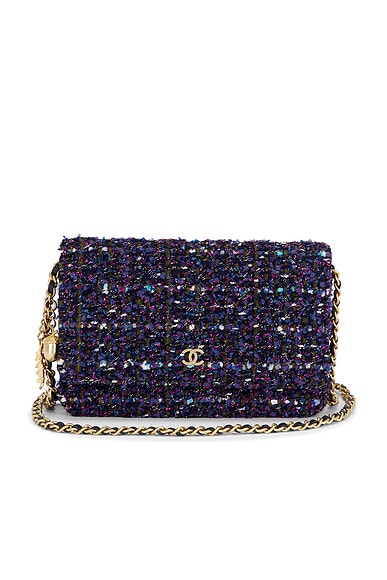 FWRD Renew Chanel Tweed Wallet On Chain in Blue