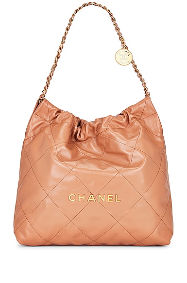 FWRD Renew Chanel Quilted Shiny Calfskin 22 Hobo Bag in Caramel