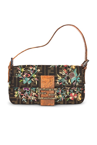 FWRD Renew Fendi Zucca Floral Embroidered Baguette Shoulder Bag in Brown