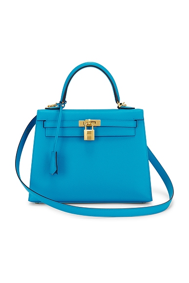 FWRD Renew Hermes Epsom Kelly 25 Sellier Handbag in Bleu Frida