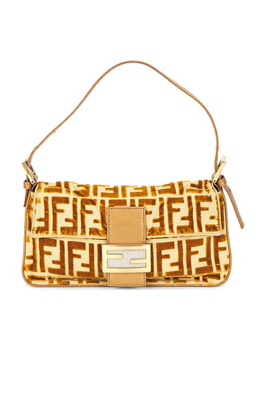 FWRD Renew Fendi FF Embossed Velvet Baguette Shoulder Bag in Gold