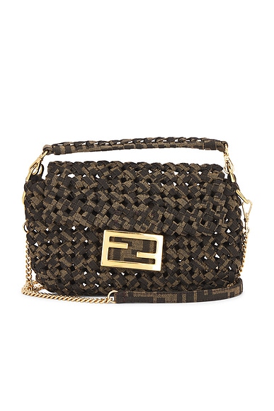 FWRD Renew Fendi Jacquard Interlace Zucca Mini Baguette Shoulder Bag in Brown