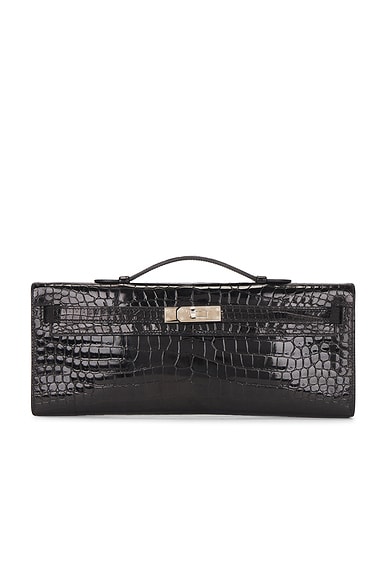 FWRD Renew Hermes Shiny Porosus Crocodile Kelly Cut Pochette in Noir