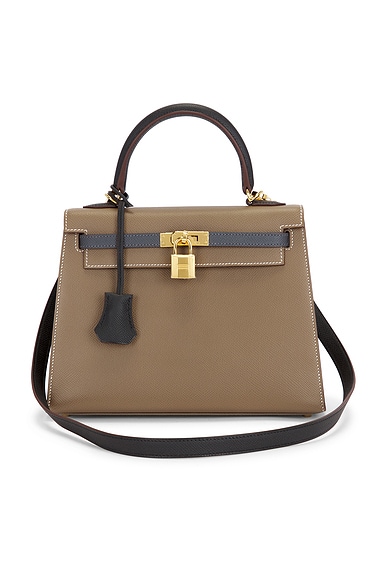 FWRD Renew Hermes Epsom Kelly 25 Handbag in Etoupe, Ardoise, & Black