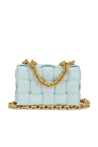 FWRD Renew Bottega Veneta Chain Cassette Crossbody Bag in Teal Washed & Gold