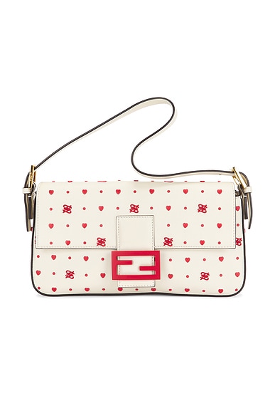 FWRD Renew Fendi Chinese Valentine's Day Karligraphy Baguette 1997 Shoulder Bag in White