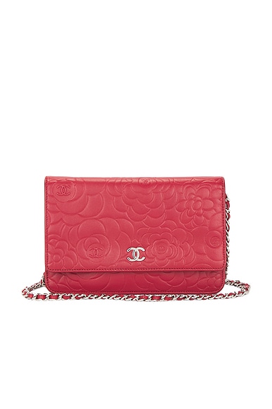 FWRD Renew Chanel Lambskin Camellia Wallet On Chain in Red