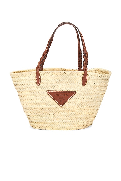 FWRD Renew Prada Vitello Woven Raffia Basket Tote Bag in Naturale & Cognac