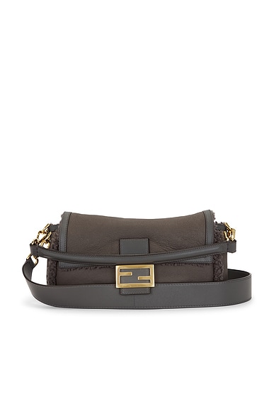 FWRD Renew Fendi Shearling Baguette Shoulder Bag in Grey