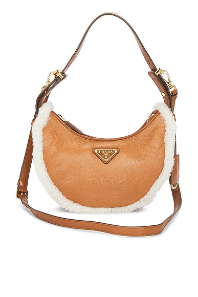 FWRD Renew Prada Shearling Arque Shoulder Bag in Tan