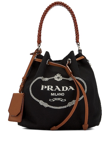 Prada Leather Canvas Drawstring Bucket Bag