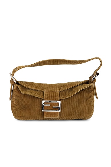 FWRD Renew Fendi Corduroy Baguette Shoulder Bag in Tan