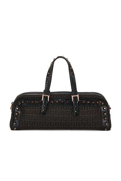FWRD Renew Fendi Zucca Studded Barrel Shoulder Bag in Black