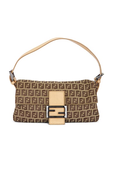 FWRD Renew Fendi Zucchino Baguette Shoulder Bag in Brown