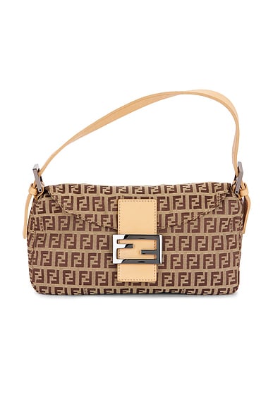 FWRD Renew Fendi Zucchino Baguette Shoulder Bag in Brown