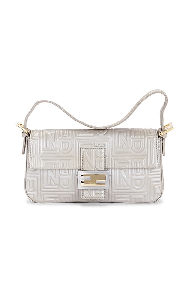 FWRD Renew Fendi Logo Embossed Baguette Shoulder Bag in Silver