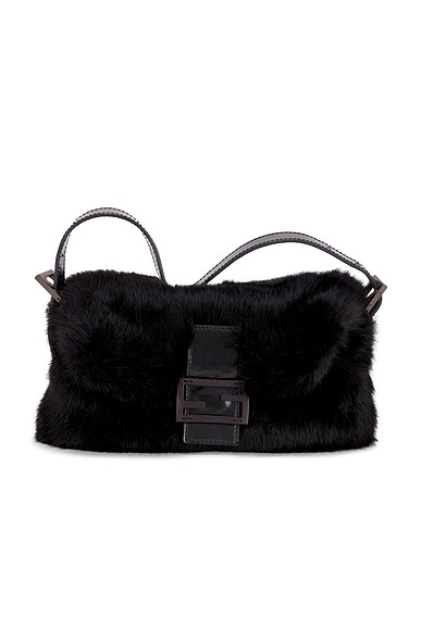 FWRD Renew Fendi Rabbit Fur Baguette Shoulder Bag in Black
