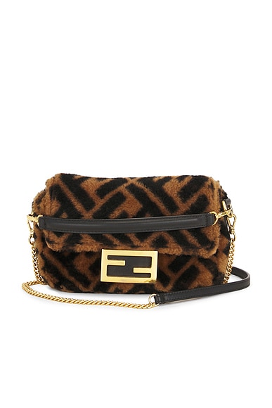 FWRD Renew Fendi Shearling Vitello Dolce Macro FF 1974 Mini Baguette Shoulder Bag in Brown