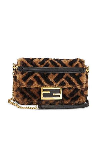 FWRD Renew Fendi Shearling Vitello Dolce Macro FF 1974 Mini Baguette Shoulder Bag in Brown