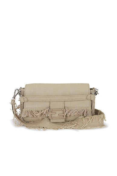 FWRD Renew Fendi Zucca Fringe Baguette Shoulder Bag in Beige
