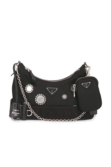 FWRD Renew Prada Sequin Polka Dot Re-Edition 2005 Re-Nylon Shoulder Bag in Black