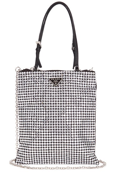 FWRD Renew Prada Crystal Embellished Satin Tote Bag in Silver