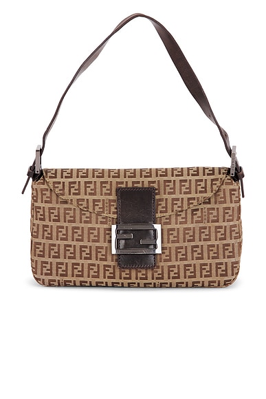 FWRD Renew Fendi Zucchino Baguette Shoulder Bag in Brown