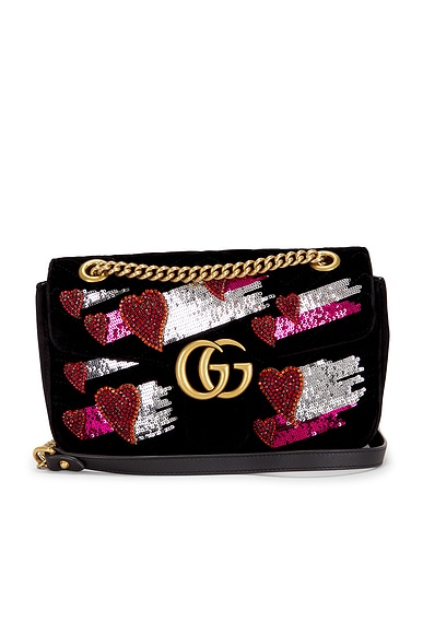 FWRD Renew Gucci Embellished Velvet GG Marmont Shoulder Bag in Black