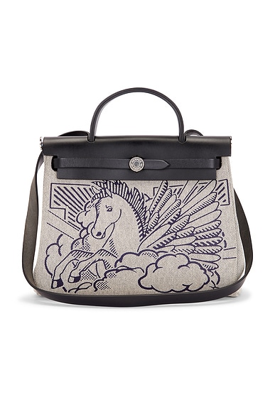 FWRD Renew Hermes Toile & Leather Pegase Pop Herbag Zip  31 Handbag in Bleu Indigo & Ecru Black