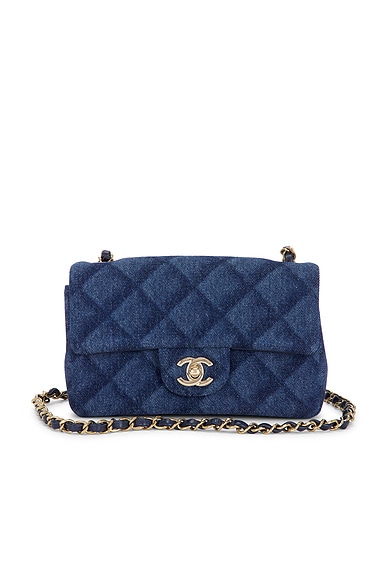 FWRD Renew Chanel Denim Printed Mini Rectangular Flap Bag in Blue