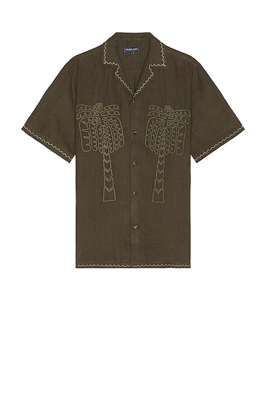 Frescobol Carioca Flavio Palmeira Embroidered Linen Shirt in Dark Olive
