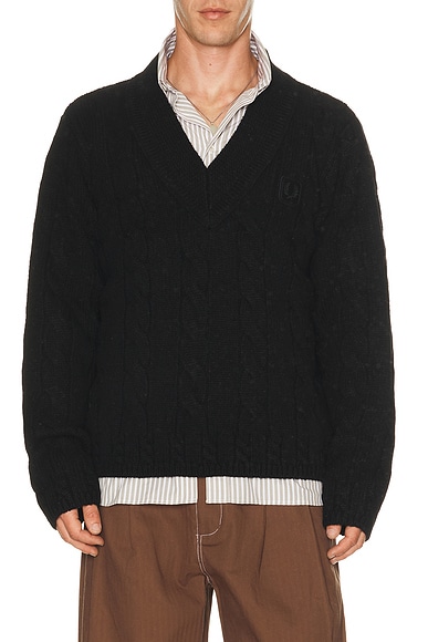 Fred Perry Canvas Cable V-Neck Jumper in Black