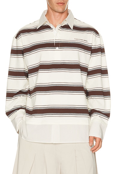 Feng Chen Wang Decontructed Long Sleeve Polo in Brown & White