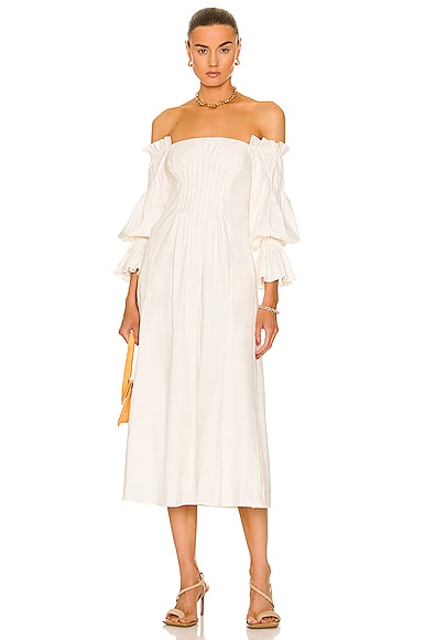 Cult Gaia Ida Off-the-shoulder Ruffled Linen-blend Midi Dress In Off White