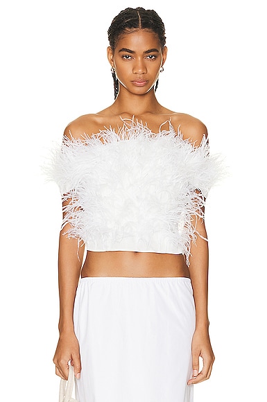 Cult Gaia Sosha Off-the-shoulder Feather-trimmed Crepe De Chine Top In White
