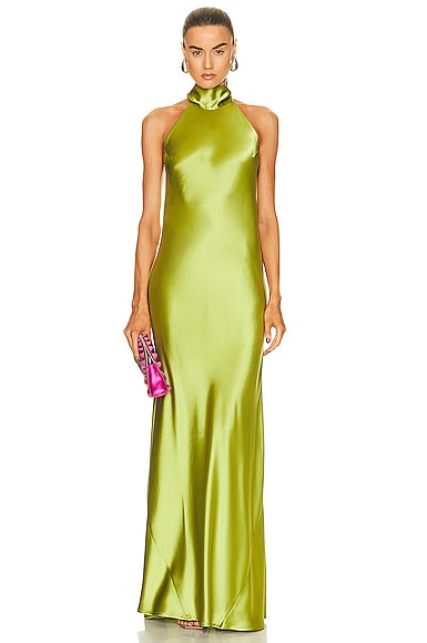 galvan dress green Pearl-Studded Dress with Sheer Puff Sleeves(MS328) main image 1