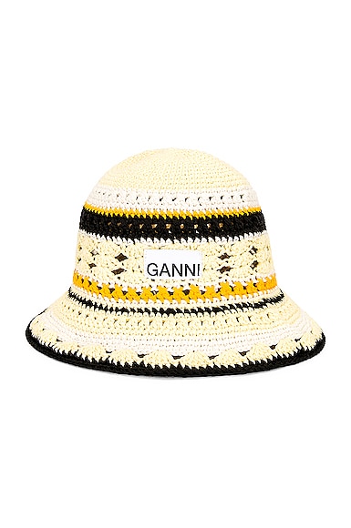 Ganni Cotton Crochet Bucket Hat in Yellow