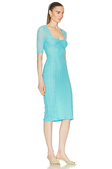 Ganni Stretch Lace Ruched Midi Dress in Teal | Smart Closet