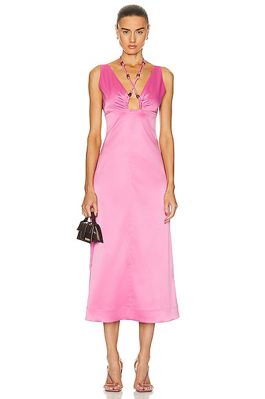 Ganni Double Satin Beaded Stretch Recycled-polyester Midi Dress In Wild Orchid