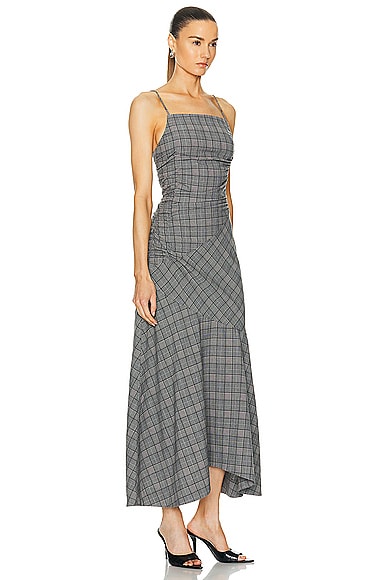 Shop Ganni Check Mix Ruched Long Slip Dress In Frost Gray