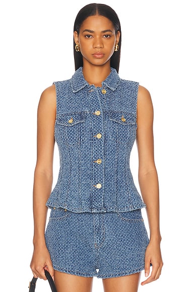 Ganni Fluffy Denim Fitted Top in Mid Blue Stone