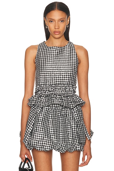 Ganni Check Open Back Frill Top in Black