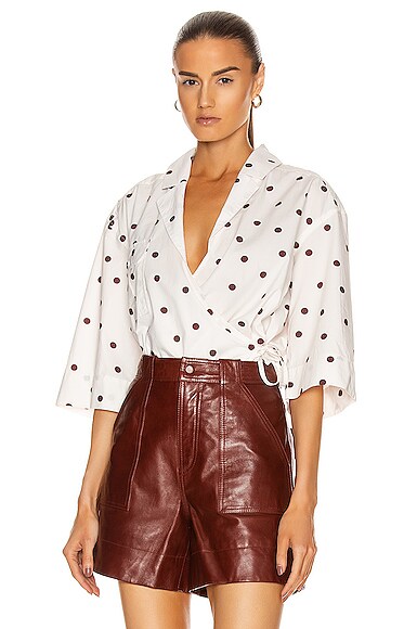 Ganni Polka Dot Puff-sleeve Poplin Top In Egret